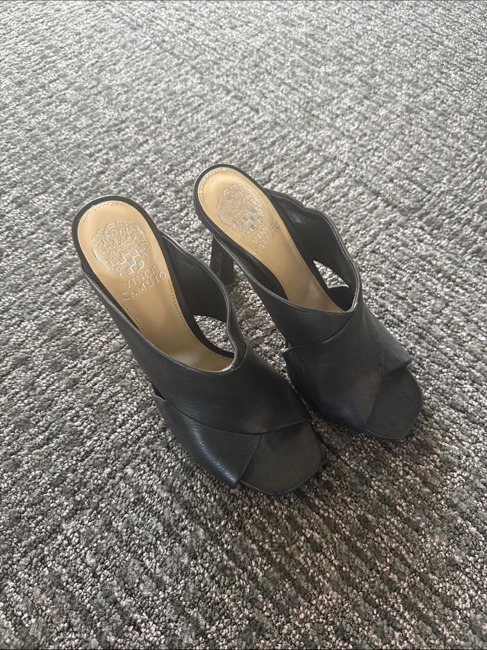 Vince Camuto Black Leather Open-Toe Crossover Mule Heels